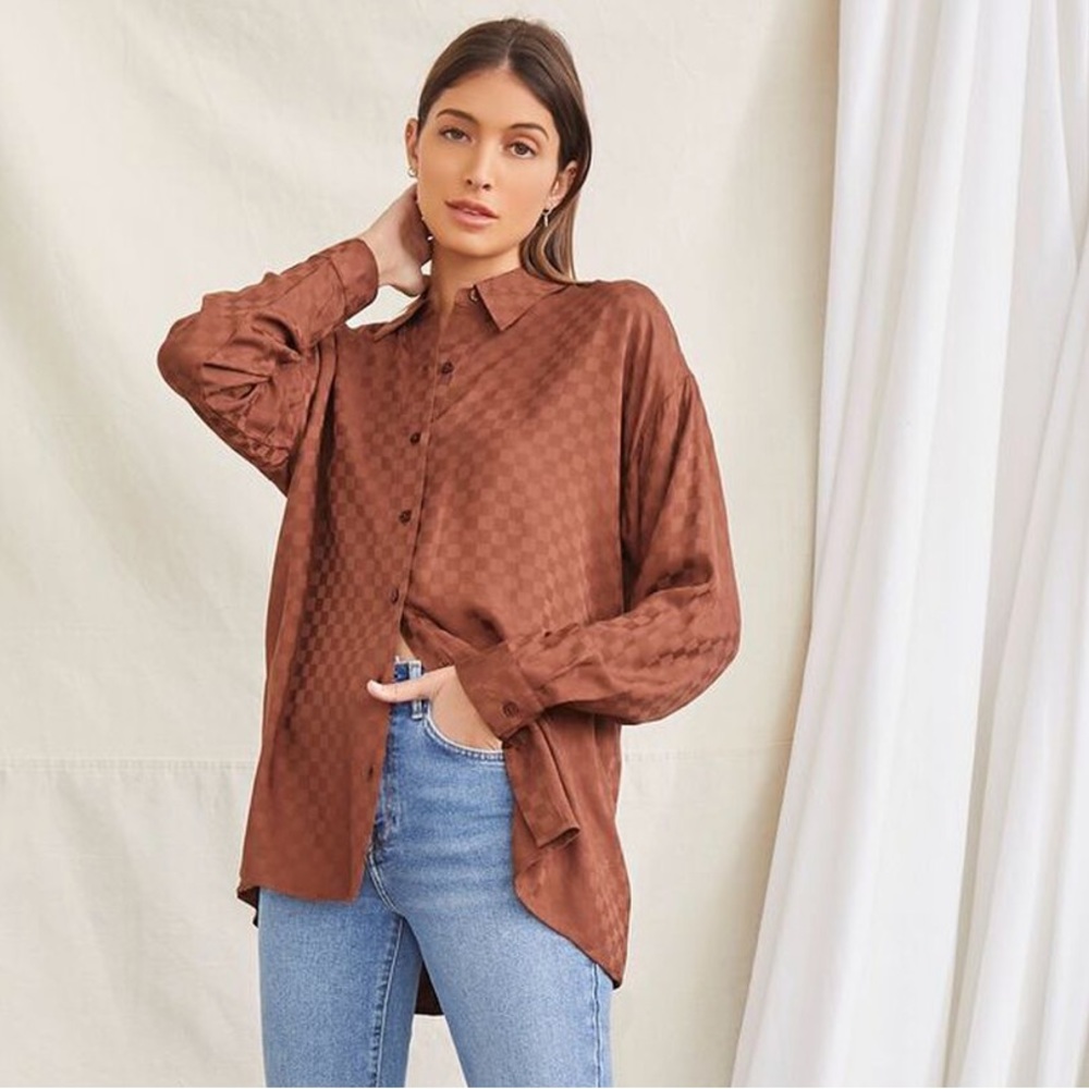 ~Checkered Cognac Button Down Blouse~ - image 1